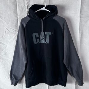 CAT Mens Hoodie Pullover Black Gray Logo Graphic Sweatshirt Large Workwear